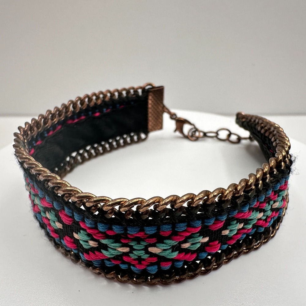 Vintage 90s Bronze Tone Geometric Pattern Cuff Bracelet Chain Women's Jewelry - Picture 4 of 10